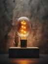 Retro style table lamp on dark stone wall background. Warm orange glow of a vintage style tungsten light bulb. Generative AI Royalty Free Stock Photo