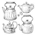 Retro style tea pots set. Vintage vector elements in engraving style. Royalty Free Stock Photo