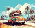 The retro style travel concept has colorful retro style graphics.