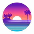 Retro style tropical sunset with palm tree silhouette and gradient background. Classic 80s design illustration Royalty Free Stock Photo