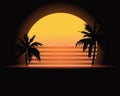 Retro style tropical sunset with palm tree silhouette and gradient dark background. Classic 80s design Royalty Free Stock Photo