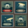 Retro style UFO poster. Four vintage signs with extraterrestrial activity warning Royalty Free Stock Photo