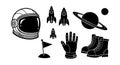 Retro style vector art of astronaut helmet gloves boots rockets and planetary elements in space exploration theme Royalty Free Stock Photo
