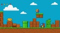 Retro-style video game scene featuring a pixelated character on a platform,