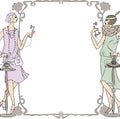 Retro style vintage frame , border. Two women dressed in old fashion style, holding telephones. Vector background