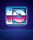 Retro style Vinyl player with a vinyl disk icon isolated futuristic landscape background. 80s fashion party. Vector