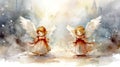 Retro style watercolor christmas card showing two red-haired angels descending to earth Royalty Free Stock Photo