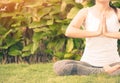 Retro style woman yoga with lotus hands in soft focus background Royalty Free Stock Photo