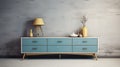 Retro Style Wooden Dresser With Light Blue Paint And Lamp