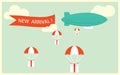 Retro styled airship with the ribbon and text new arrival and gifts for potential customers. Cool set of vector helium ad blimp ai