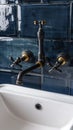 Retro-styled copper faucet collection, which features wall mounted home garden faucets, with an aged brass finish and