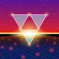 Retro styled futuristic landscape with triangles and shiny grid