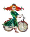 Retro styled girl with a bycycle watercolor painting