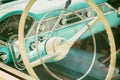 Retro styled image of the interior of a classic blue Cadillac fifties car in Den Bosch, The Netherlands Royalty Free Stock Photo