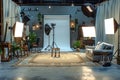 Retro Styled Indoor Photo Studio with Professional Lighting Equipment and Furniture Royalty Free Stock Photo