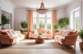 retro styled living room, very airy and spacious, in white and pink/peach shades, big windows, fresh plants