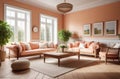 retro styled living room, very airy and spacious, in white and pink/peach shades, big windows, fresh plants