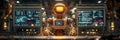 Retro-styled robot analyzes digital data with insight