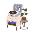 Retro-styled vinyl record player, turntable. Vintage audio gramophone for music playing, listening, books, house plant Royalty Free Stock Photo