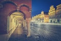 Retro stylized Old Market Square in Poznan at night. Royalty Free Stock Photo