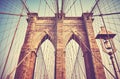 Retro stylized picture of Brooklyn Bridge with street lamp, New York City, USA Royalty Free Stock Photo
