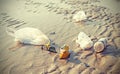 Retro stylized picture of garbage on a beach. Royalty Free Stock Photo