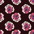 Retro stylized roses on maroon background seamless pattern.