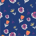 Retro stylized roses tulips and branches on blue background seamless pattern. Royalty Free Stock Photo