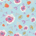 Retro stylized roses tulips and branches on blue checkered background seamless pattern. Royalty Free Stock Photo