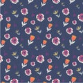 Retro stylized roses tulips and branches on slate background seamless pattern. Royalty Free Stock Photo