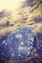 Retro stylized trail arrow sign against sunset with lens flare.