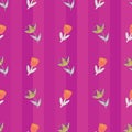 Retro stylized tulips and flowers on pink striped background seamless pattern.