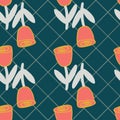 Retro stylized tulips on green checkered background seamless pattern.