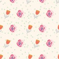 Retro stylized tulips and roses on creme dotted background seamless pattern.