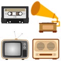 Retro subjects. An old TV, a retro radio, a gramophone, an audio cassette Royalty Free Stock Photo