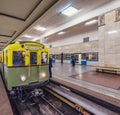 Retro subway train of A series stands by the platform. Trains of A series were made from 1934 yy Royalty Free Stock Photo