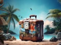 Retro suitcase ready for a summer vacation by the sea with beach swimming.