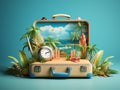 Retro suitcase ready for a summer vacation by the sea with beach swimming.