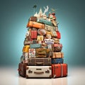 Retro suitcases covered with travel labels time synthesis stick figur Generative AI