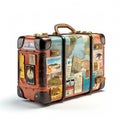 Retro suitcases covered with travel labels time synthesis stick figur Generative AI