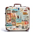 Retro suitcases covered with travel labels time synthesis stick figur Generative AI