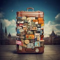 Retro suitcases covered with travel labels time synthesis stick figur Generative AI