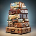 Retro suitcases covered with travel labels time synthesis stick figur Generative AI