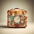 Retro suitcases covered with travel labels time synthesis stick figur Generative AI