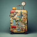 Retro suitcases covered with travel labels time synthesis stick figur Generative AI