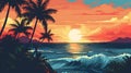 Retro Summer Beach Illustration Background with Seascape View and Sunset Sky Created with Generative AI Royalty Free Stock Photo