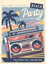 Retro summer beach party poster with cassette player Royalty Free Stock Photo