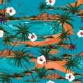 Retro summer hawaii seamless island pattern vector. Landscape w Royalty Free Stock Photo