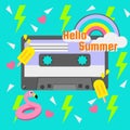 Retro summer party cassette on green background with pink heart and neon green thunder icon Royalty Free Stock Photo