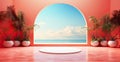 Retro Summer Scene Branding Podium, Arch, Blue Sea, Red Pastel Walls Minimalist Architecture Concept with Holiday Generative AI